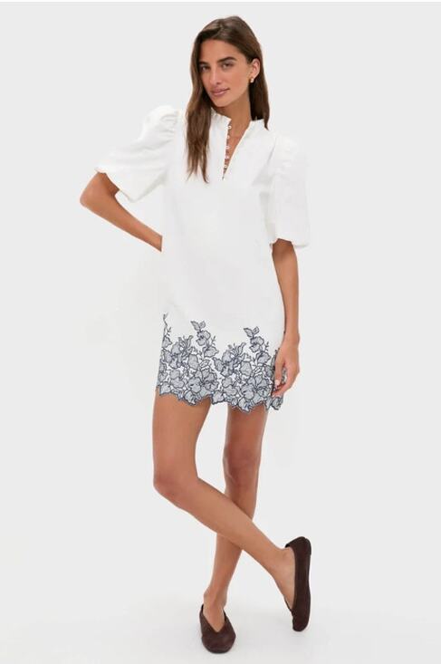 Tuckernuck Dresses & Skirts - Tuckernuck Hyacinth House Mini Dress Large Embroidered White Navy Puff Sleeves